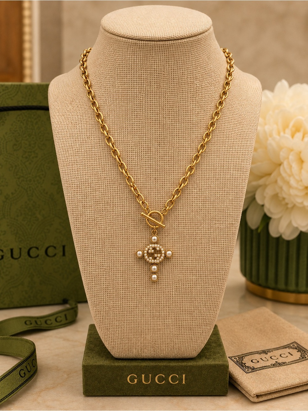 Authentic Gucci Gold Pearl Cross Pendant